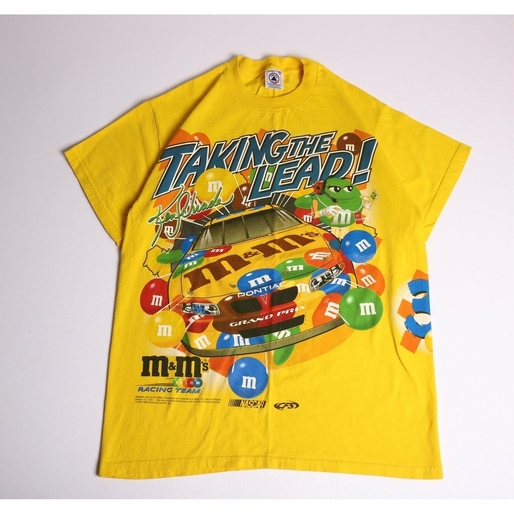 Vintage 2001 Ken Schrader M&Ms Racing Team NASCAR Shirt Yellow Delta Medium
